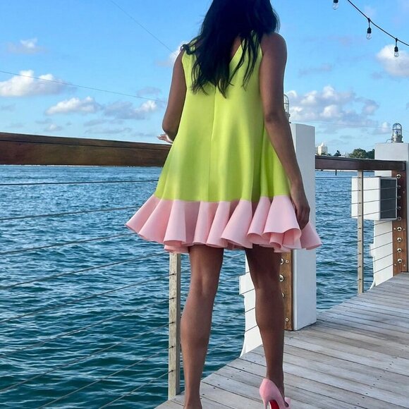 Green- pink elegant Women's Sleeveless Ruffle Hem Mini dress - Picture 4 of 10